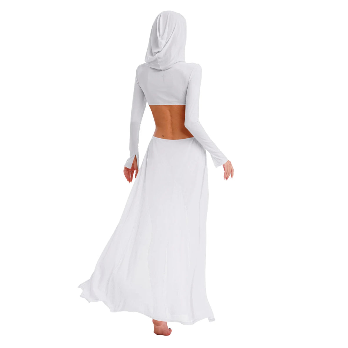 Women Wet Look Mesh Maxi Dress with Hooded Cosplay Sexy High Slit Lingerie Face Mask Long Sleeves Hollow Out Sheer Nightdress