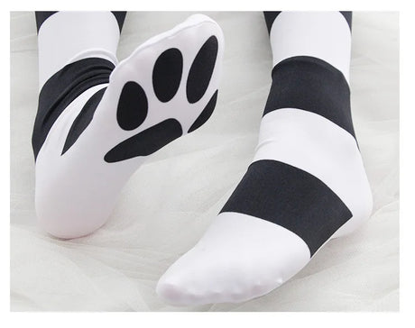 Lolita Over Knee Socks Pink Strip Kawaii Cat Paw Print Stockings Lolita Gothic Velvet Over The Knee Thigh High JK Long Stockings