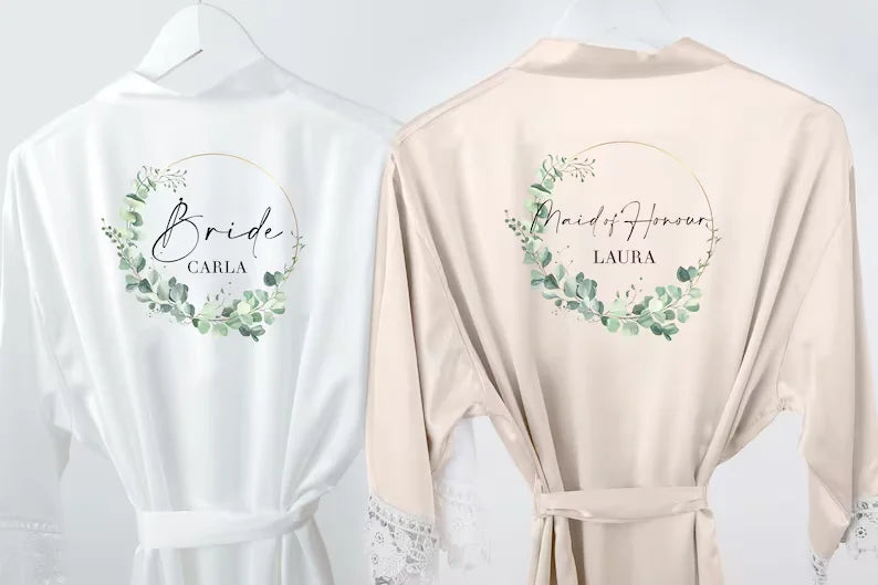 Personalised Sega Floral Wreath Robes Custom Bridal Robe Satin Wedding Bridesmaid Kimono Dressing Gown Bride to be Robe