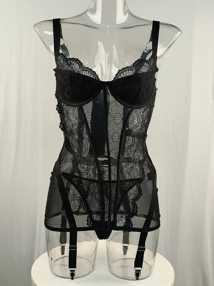 Women's Black Lace Teddy Bodysuit Underwire Corset Garter Straps Sheer Floral Embroidery Sexy Lingerie Party Fashion Outfit
