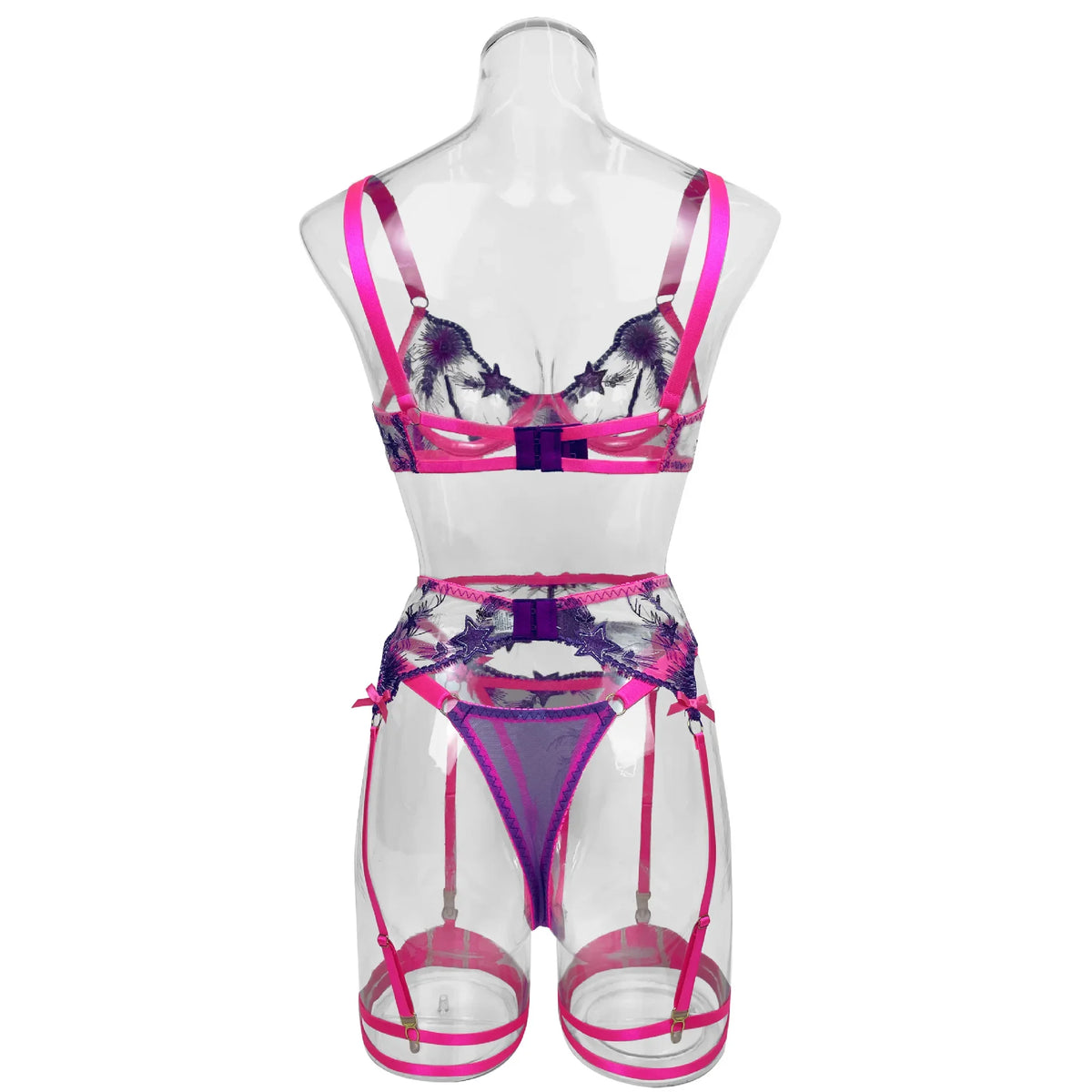Pink Fancy Lingerie Floral Luxury Lace See Through Underwear Sensual Garter Belt Set Contrast Color Fairy Outfit