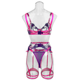 Pink Fancy Lingerie Floral Luxury Lace See Through Underwear Sensual Garter Belt Set Contrast Color Fairy Outfit