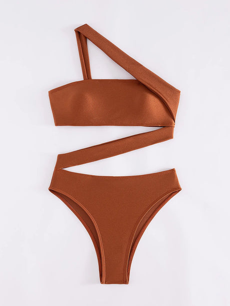 Cikini-One-Piece Swimsuit for Women, Strapless Straps, Slanted Shoulder, Beach Swimwear, Bathing Suit, Monochromatic, Summer