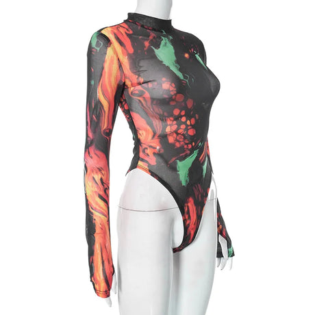 Fashion Tie Dye Printing One-Piece Romper Sexy Women Long Sleeve Bodysuits Streetwear Y2k Bottoming Tops Clubwear O-Neck T-Shirt