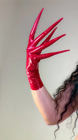 POINTED FINGER GLOVES 85cm 33" Long Spike Shoulders Patent Faux Leather PU Arm Warmers Shine Black LLDLLNT
