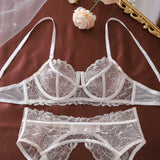 Ellolace French Women's Lingerie Fantasy Embroidered Bra Belt Thong with Leg Circles Elegant Floral Romantic Cute Miss Underwear