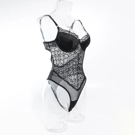 Sexy Women's Lingerie Lace Patchwork Hollow Out Bodysuit Black Solid Color Slim Suspender Backless Underwire One Piece Jumpsuit