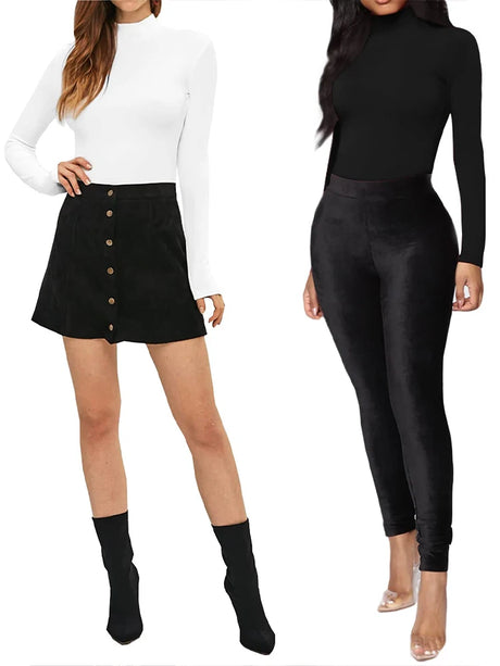 Women's Turtleneck Long Sleeve Bodysuit Women Jumpsuit Stretchy Layer Top Black Solid Color Slim Fit Overalls One Piece Outfit
