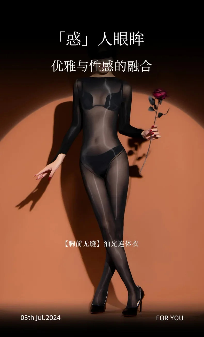 Oil Shiny Bodysuits Five Fingers Women Men Unisex Sexy Lingerie Transparent Seamless Bodysuit Thin Exotic Teddies Tight Stocking