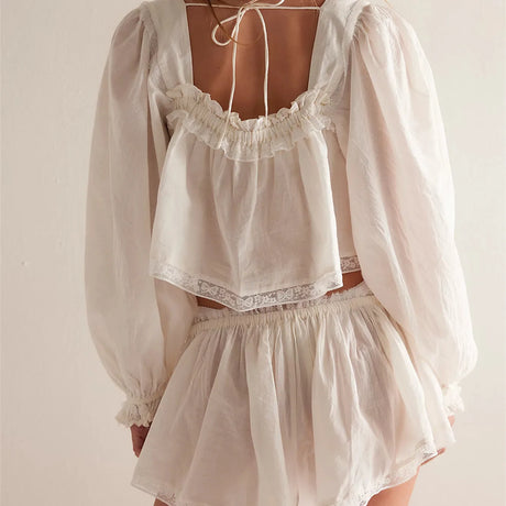 2Pcs Pajamas Sets for Women Puff Long Sleeve Square Neck Lace Patchwork Tops with Elastic Waist Shorts Loungewear