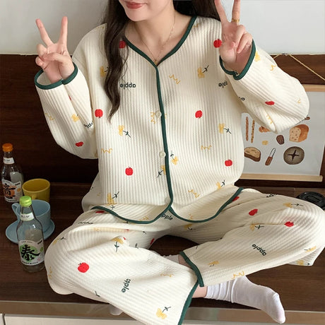 Thickened Air Cotton Sleepwear Set for Women Autumn Winter Polka Dot Home Clothes Korean Style Cute Girl Long Sleeve V-Neck