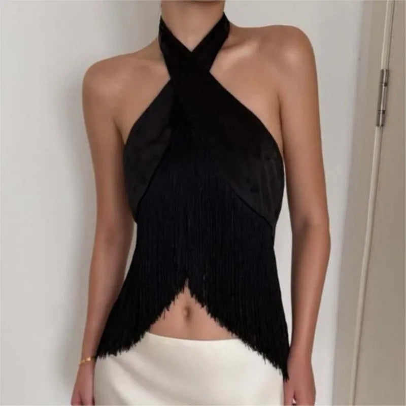 Women Satin Halter Top Asymmetrical Tassel Fringe Crop Top Backless Crisscross Neck Slim Fit Party Club Sleeveless Camisole