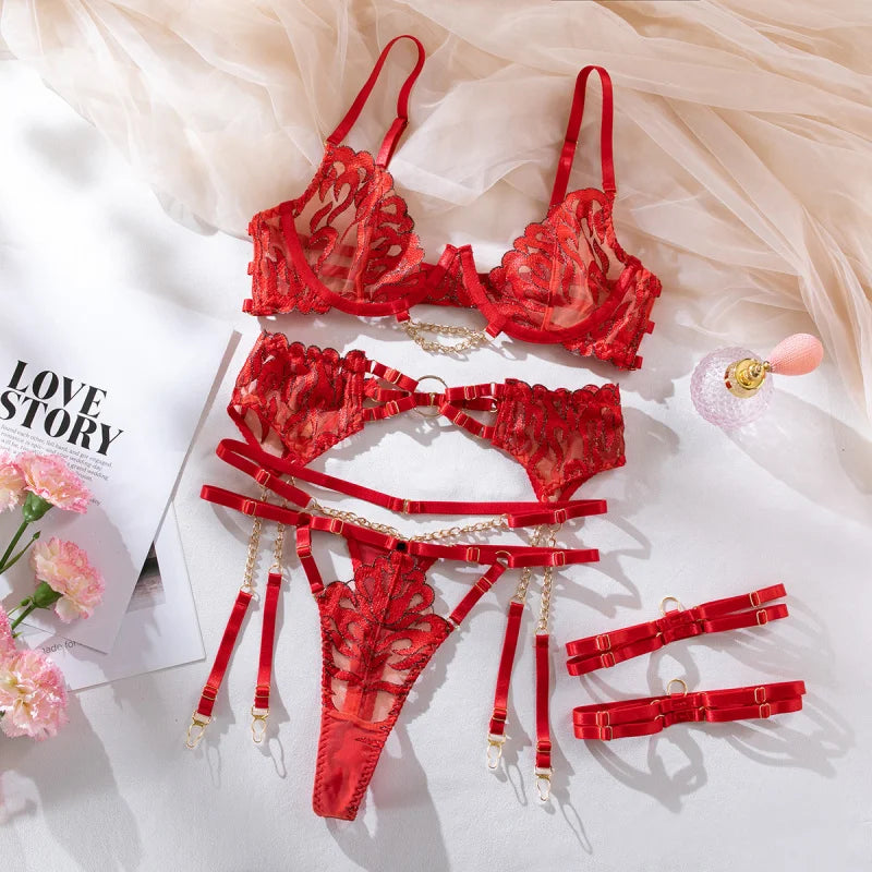 Red Bondage Lingerie Set Women Gold Chain Lace Harness Unlined Underwire Bra Garter Belt Thigh Rings Gothic Punk Exotic Apparel