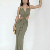 Halter Maxi Dress Women Summer Sleeveless Backless Cut Out Waist Sexy Black Long Dress Elegant Party Clubwear Vestidos Female