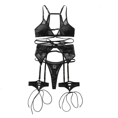 Sexy hot Lingеrie Fashionable hollow-out sheer mesh tie-up shaping slim sexy three-piece lingerie set, four-piece ensemble