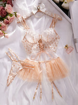 2026 Hot Sales New Fashion Diamond Lattice Embroidery Sexy Women'S Underwear Three-Piece Strappy Mesh Tutu Erotic Bra Thong Set