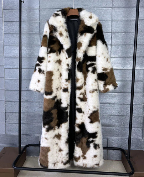 ZADORIN 130cm Long Thicken Lapel Cow Print White Brown Faux Fur Coat Woman Clothing Luxury Fluffy Jacket Winter Fur Coats Woman