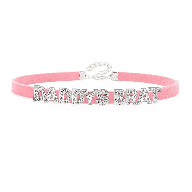 Sexy Rhinestone Letters Hotwife Collar Choker for Women Men DIY Customized Necklaces Pink Suede Leather Cosplay Jewelry Gift
