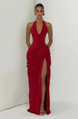 Mozision Wine Red Halter Deep V Maxi Dress Women Elegant Draped Ruched High Split Bodycon Cocktail Wedding Club Party Dresses