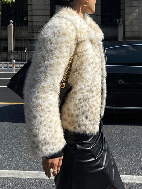 LIMO Women Lapel Leopard Print Faux Fur Jacket Cropped Fluffy Plush Open Front Outerwear