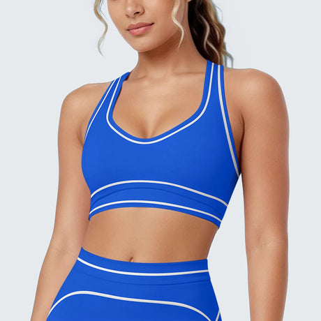 Women's Yoga Bra Vest Fitness Tank Running Workout Gym Top Push Up Padded Soft Slim Contrast Piping Racerback Sports Underwear