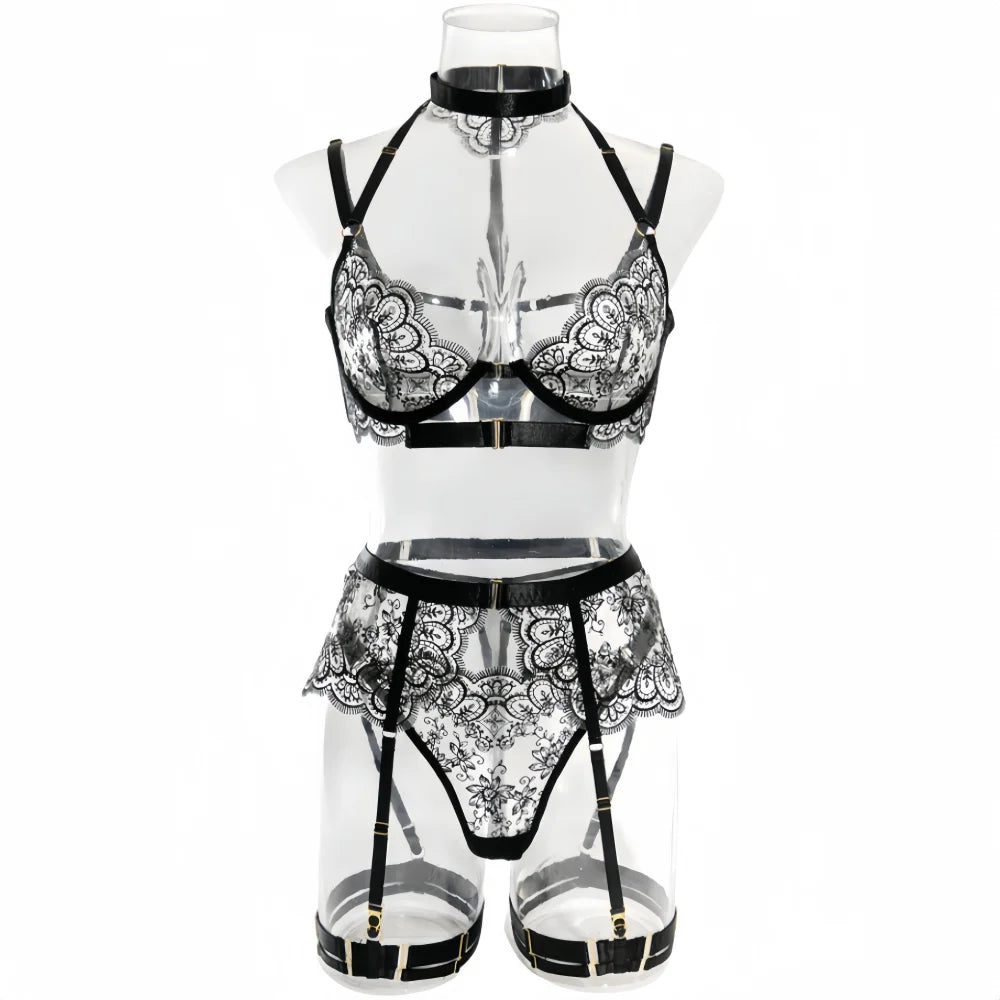 Krasapt Black Lace Embroidered Metal Buckle Sexy Lingerie Set Front Open See-through Lingerie 5Pcs Set Fancy Exotic Intimate Set