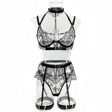 Krasapt Black Lace Embroidered Metal Buckle Sexy Lingerie Set Front Open See-through Lingerie 5Pcs Set Fancy Exotic Intimate Set