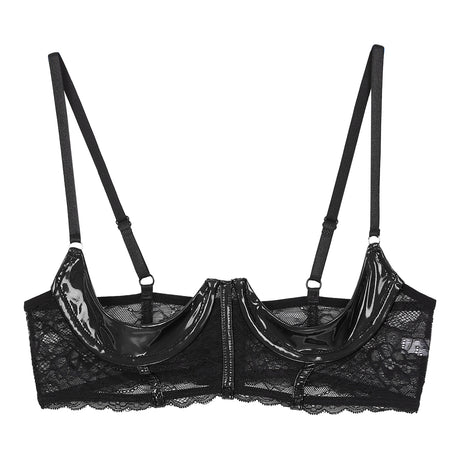 Womens Sexy Open Cup Underwired Bra Patent Leather See-through Floral Lace Brassiere Exposed Nipple Lingerie Underwear Nightwear