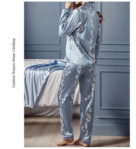 Women Satin Pajama Casual Sleepwear Home Clothes Suit Autumn Long Sleeve Button Up Top & Pants Nightwear Loungewear Pyjama Femme