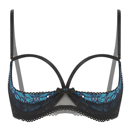 Womens Sexy Cupless Bra Sheer Floral Lace Bra Hollow Out 1/4 Cups Push-up Underwire Bralette Balconette Lingerie Underwear