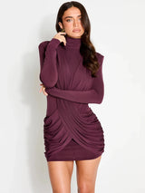 Mozision High Neck Shoulder Pads Long Sleeve Sexy Mini Dress Women Draped Cross Front Ruched Slim Bodycon Nightclub Party Dress