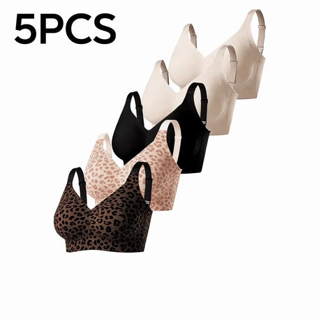 5Pcs Solid Color Seamless Wireless Bra, Full Coverage Push Up Bralette Anti-Sagging Breathable Soft Thin Cup With Adjustable Straps For Sports Yoga Daily Wear