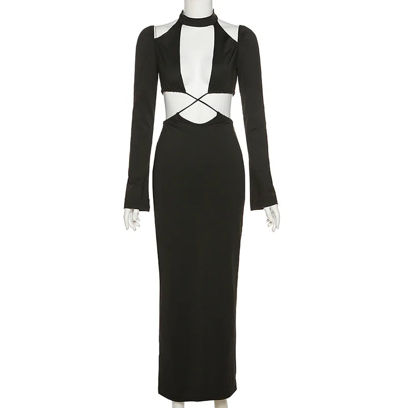 BoozRey Sexy Hipster Midi Dress Women Cleavage Hollow Backless Full Sleeve Solid Party Robe Female Slim High Street Attirewear