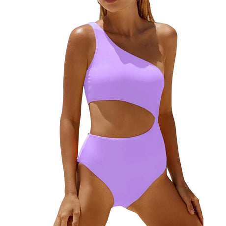 Vzvn 2026 New Women Swimwear Female Padded Bather Bathing Suit Swim Colors Cut Out One Shoulder Splicing One Piece Swimsuit
