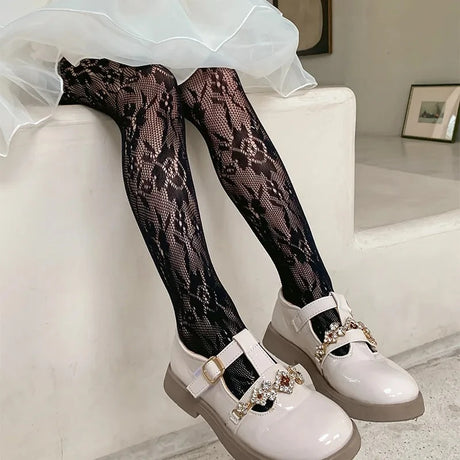 Lolita Girls Vertical Stripe Lace Mesh Pantyhose Cozy Wear Resistant Elastic Knit Elegant Sweet Princess Leggings