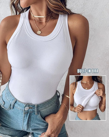 2026 New Spring Summer Women Built in Bra Tank Tops Round Neck Sleeveless Casual Tops Female Racerback Ribbed Fitted Tank Tops
