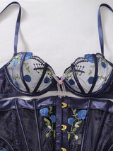 Belamimi Luxury Heavy Craft Embroidery Boned Corset 3-Piece Lingerie Set Ladies Slimming Sexy Body Shaping Underwear