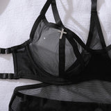 Ellolace See Through Sexy Lingerie Exclusive Halter Belt 3PC Stockings Luring Silver Cross Rhinestone Backless Harness Underwear