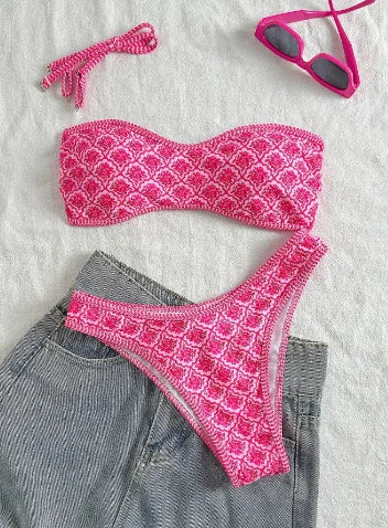 Sexy Bandeau Bikini  Women Green Floral Pleate Push Up Padded Thong Swimsuit Summer Bathing Suit Two Piece Swimwear Biquini