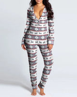 Sexy Pyjama Women's Long Sleeves Homewear Suit Button-Down Front Back Butt Bum Open Ass Flap Jumpsuit Loungewear Christmas Print