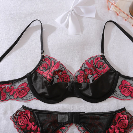Heavy Crafted Rose Embroidered Mesh Perspective Underwear Color Match Splicing Mysterious Sexy Shaped Underwear Three Piece Set