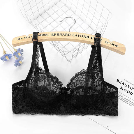 Plus Size Lace Ultra-thin Push Up Bra Women Sexy Hollow Out Lingerie Lady Lace Transparent Underwear Female Embroidery Solid Bra
