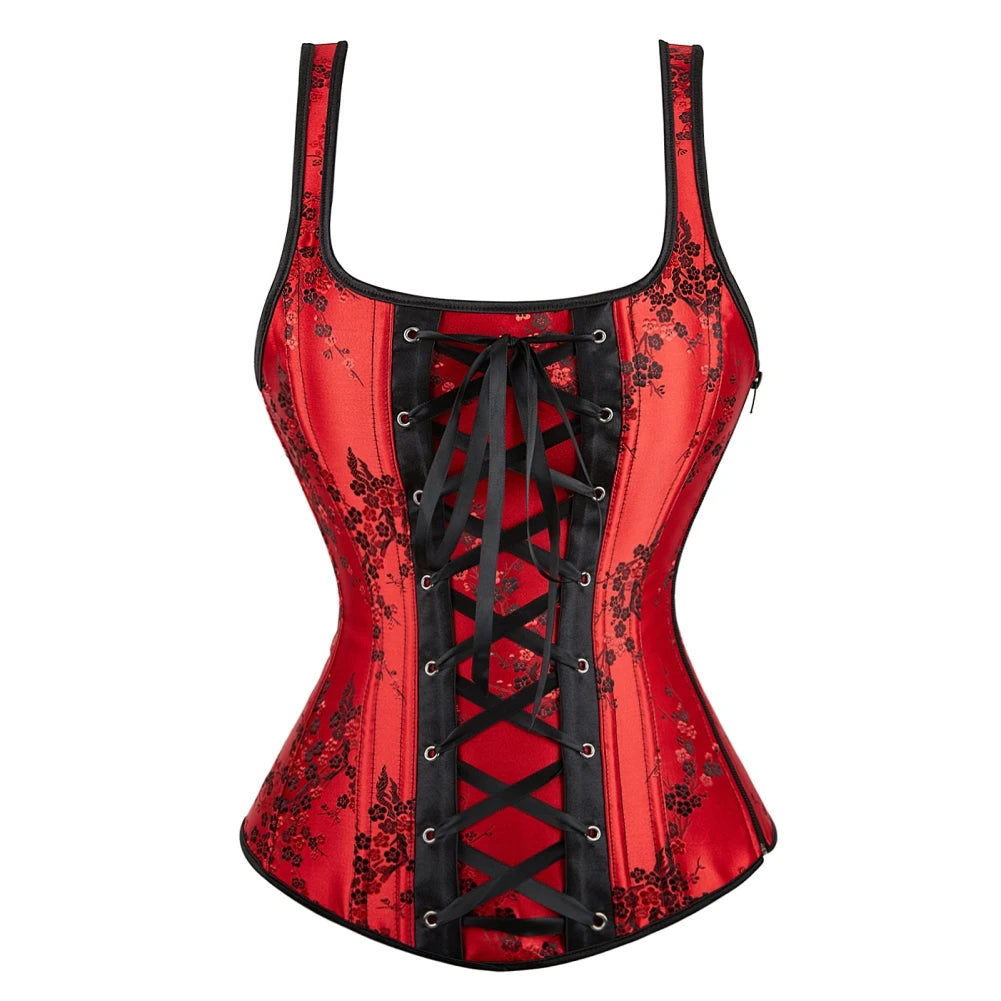 Gothic Corset Top With Straps Sexy Floral Zipper Brocade Overbust Lingerie Burlesque Body Shaper Lace Up Bustier Plus Size