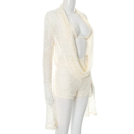 Women's Summer Solid Lace Cami Bra Cowl Neck Long Sleeve Top Shorts Set Fashion Casual Outfit Two Piece Set Women Sexy Club