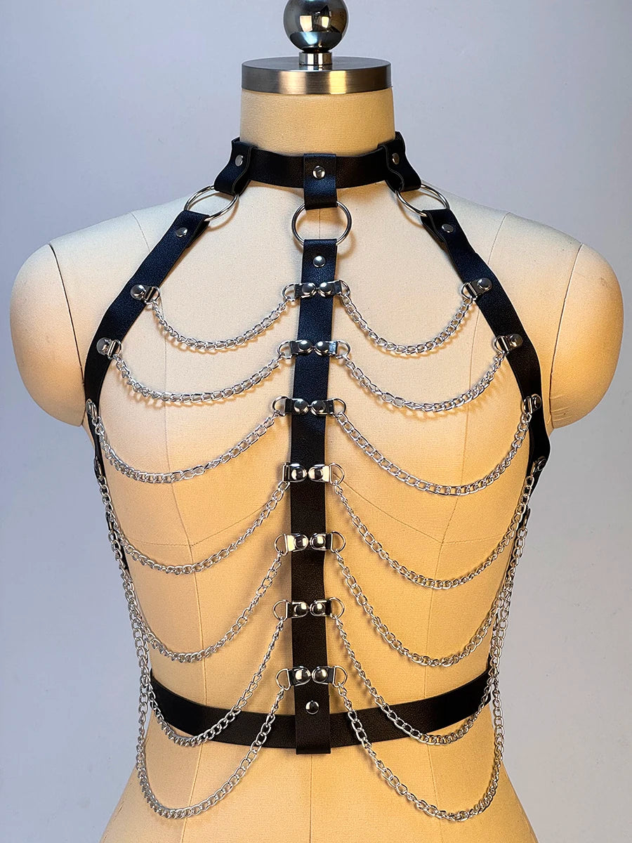 Women Gothic PU Leather Chest Harness Belt with Chain Bra Strap Adjustable Punk Y2K Body Harness Festival Layering Accessory