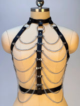 Women Gothic PU Leather Chest Harness Belt with Chain Bra Strap Adjustable Punk Y2K Body Harness Festival Layering Accessory