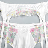 New White Floral Embroidery Fairy Lingerie Sets Transparent Mesh Patchwork Underwear Garter Intimate Panties Erotic Suits