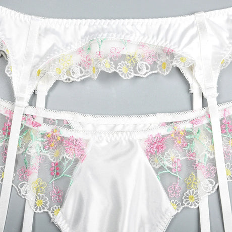 New White Floral Embroidery Fairy Lingerie Sets Transparent Mesh Patchwork Underwear Garter Intimate Panties Erotic Suits