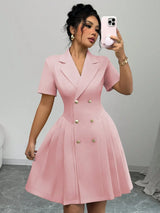 2026 Luxury Dresses Solid Color Notched Lapel Double Breasted Short Sleeve Slim Summer Midi Dress for Woman Clothes