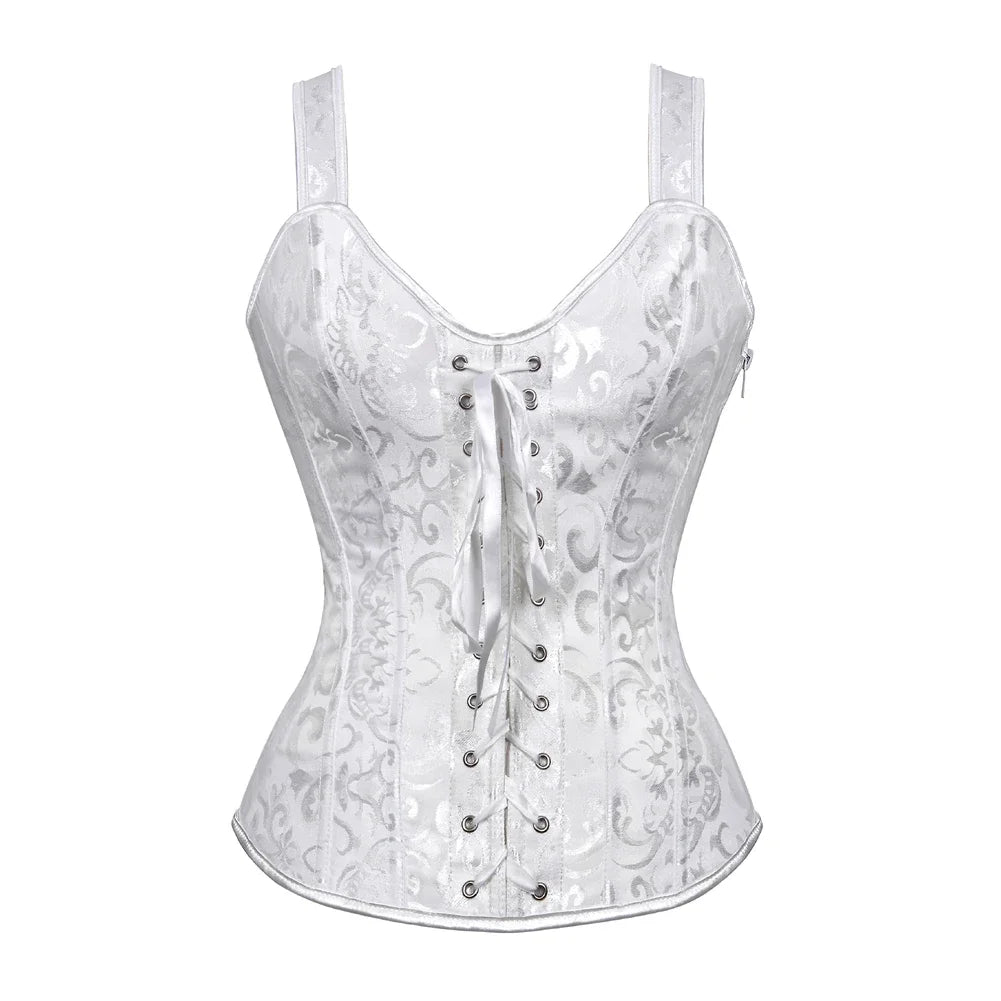 Gothic Corset Top With Straps Sexy Floral Zipper Brocade Overbust Lingerie Burlesque Body Shaper Lace Up Bustier Plus Size
